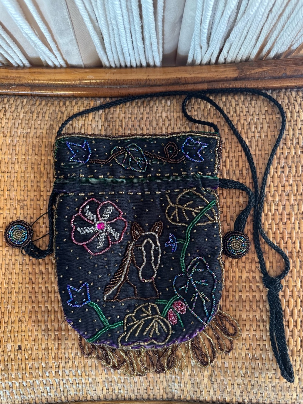 Vintage Hand Beaded Horse Drawstring Pouch Purse Boho Crossbody Fringe Epona